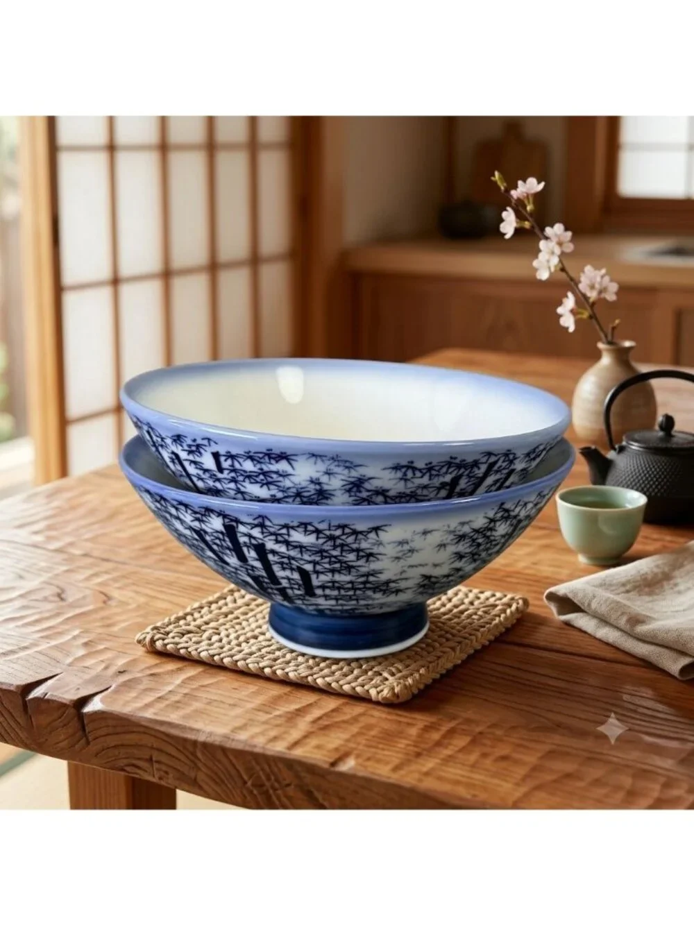 Japan Studio Pottery Blue Cobalt Bamboo Forest Rice Bowls Set of 2 Gyokko